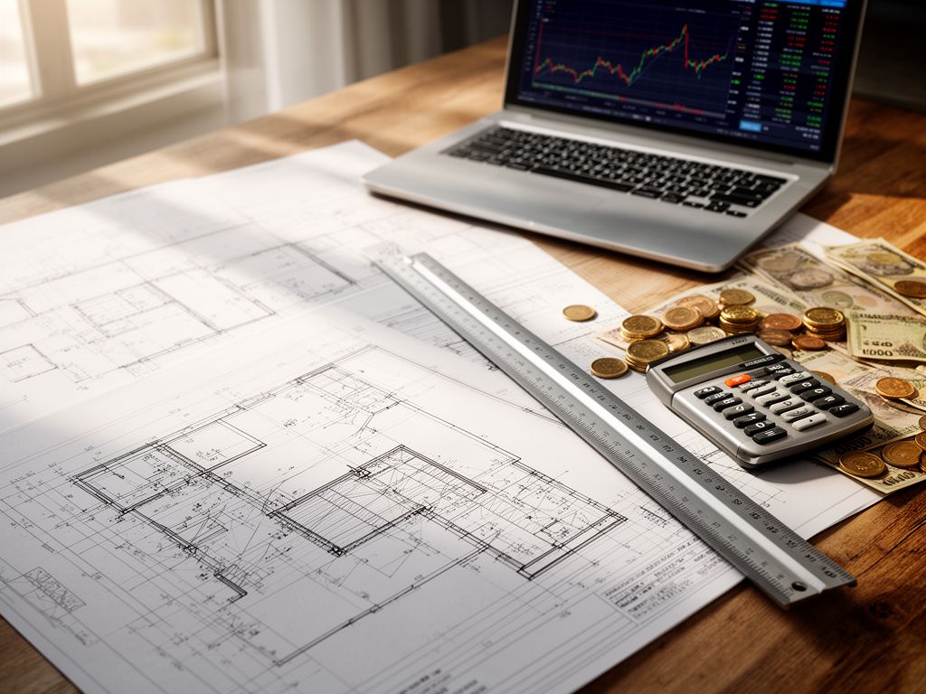 Pracovní stůl architekta s plány, pravítkem, kalkulačkou, penězi a laptopem pro rozpočet projektu.
