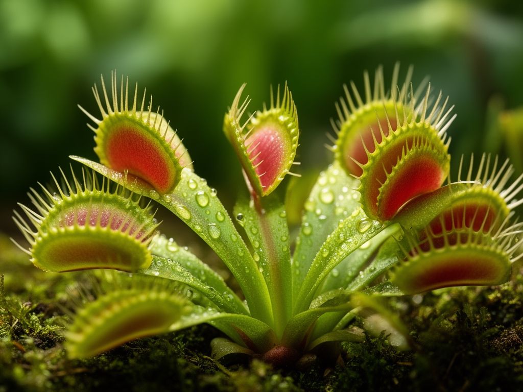Detailní makro Dionaea muscipula s otevřenými pasti a kapkami vody na listech v přírodním prostředí
