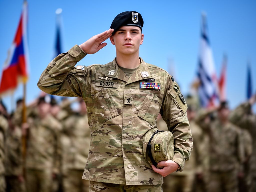 Mladý voják v uniformě salutuje během slavnostní přísahy s vojáky a vlajkami v pozadí.