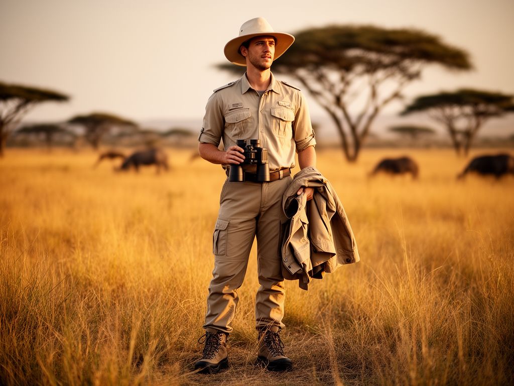 Cestovatel v safari oblečení drží dalekohled, stojí v africké savaně při zlaté hodině