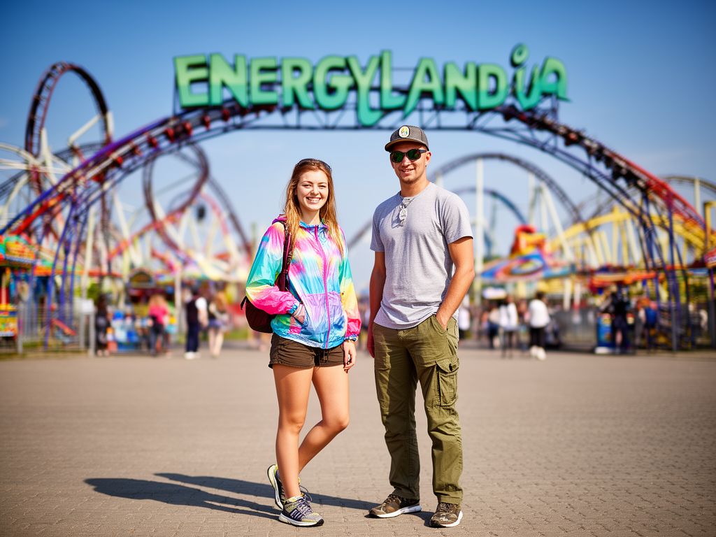 Mladý pár vstupuje do zábavního parku Energylandia za slunečného dne s horskými dráhami v pozadí