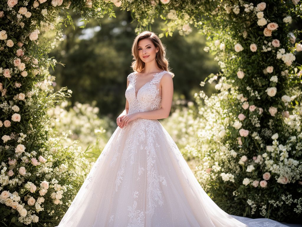 Nevěsta v moderních svatebních šatech s krajkou, stojící venku u elegantní svatební dekorace.