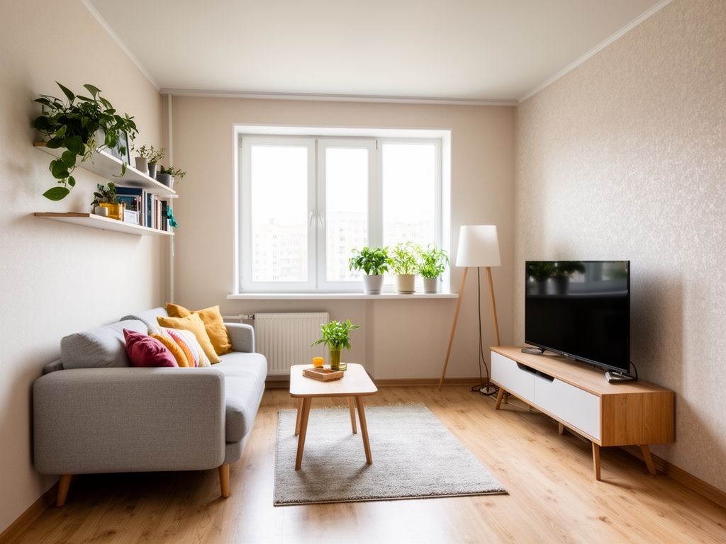 Světý obývací pokoj v panelovém domě s moderním skandinávským nábytkem a velkými okny.