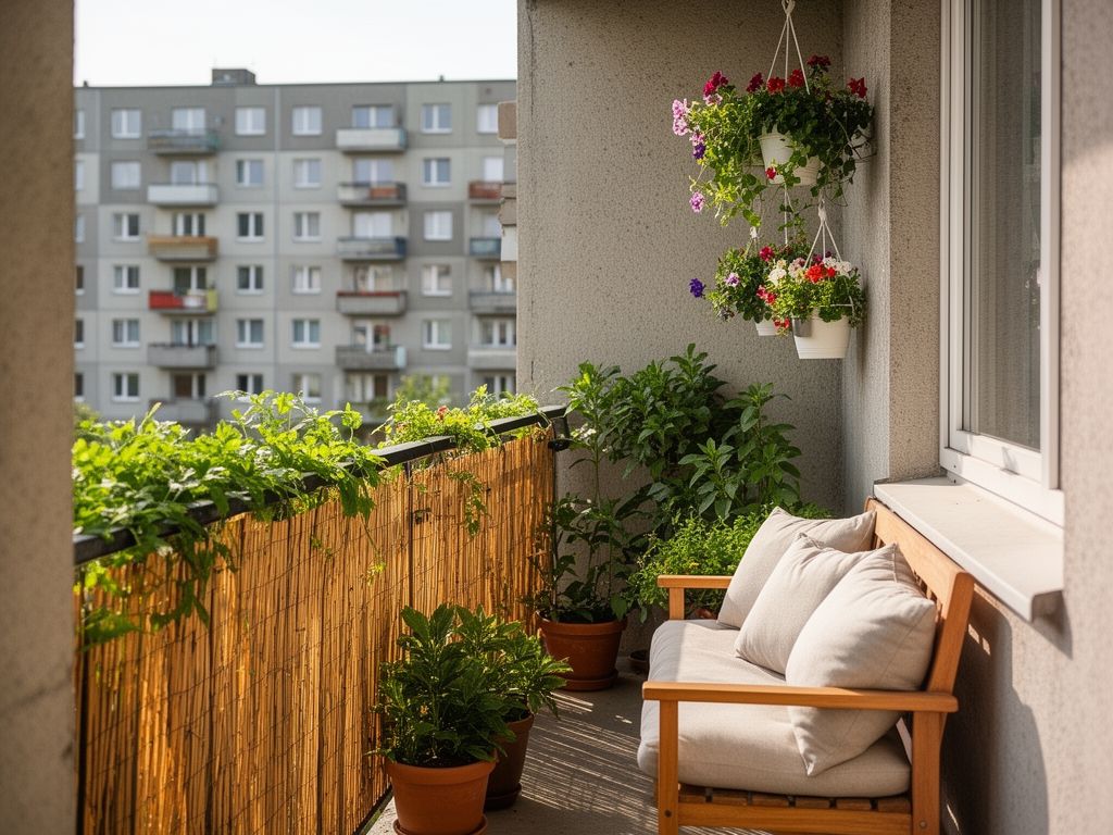 Balkon s dřevěnou clonou, květinami a lavičkou ve východoevropském paneláku za denního světla
