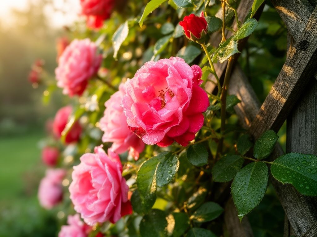 Detailní záběr zdravých plazivých růží s kapkami rosy na dřevěné mříži ve slunné zahradě.