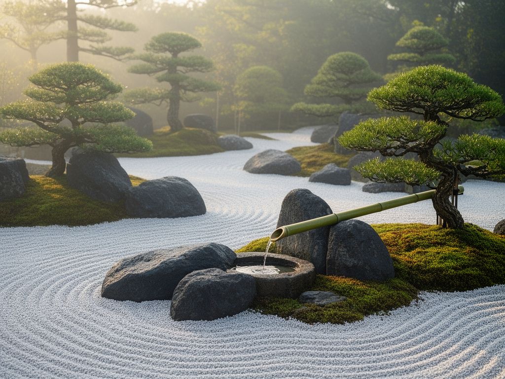 Minimalistická japonská zenová zahrada s kameny, mechem, bambusovým trubkovým pramenem a bonsajemi za rozbřesku.