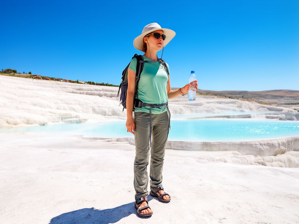 Žena turista na bílých travertinových terasách Pamukkale v Turecku s batohem a láhví vody.