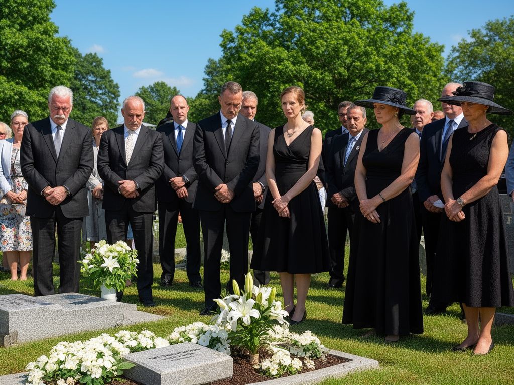 Lidé na letním pohřbu u jednoduchého hrobu obklopeného květinami ve slunečném hřbitově