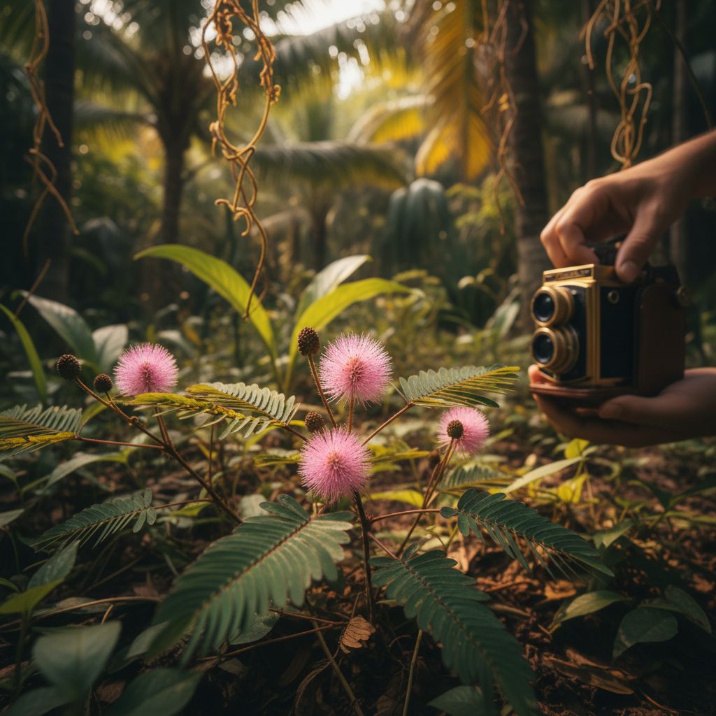 Detailní snímek růžových květů mimózy v tropickém lese, za nimi ruka fotografa s vintage fotoaparátem