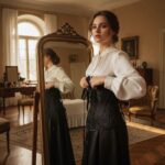Mladá žena upravuje černý korzet přes bílou blůzu ve vintage ložnici s velkým zrcadlem.