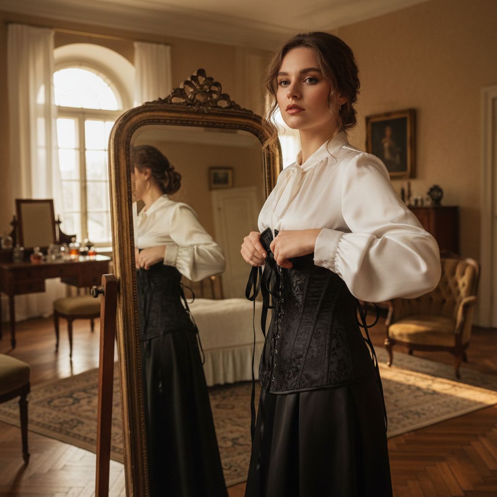 Mladá žena upravuje černý korzet přes bílou blůzu ve vintage ložnici s velkým zrcadlem.
